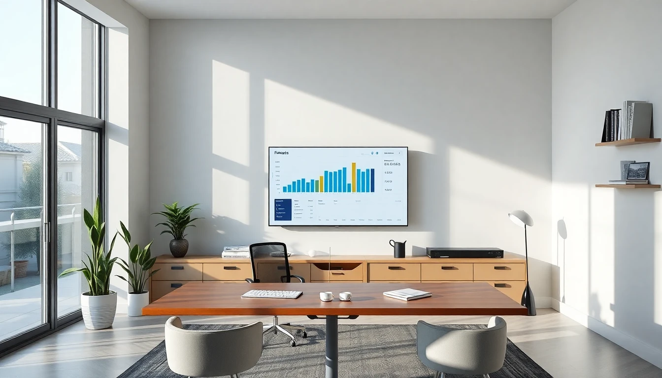 Elegantes Home-Office mit Finanzcharts auf großem Monitor